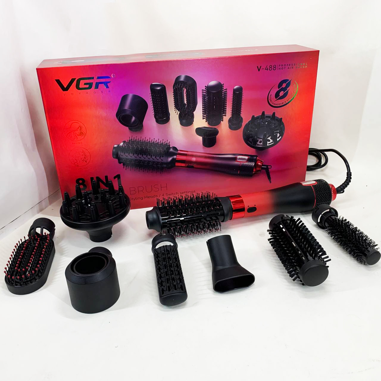 Фен-щетка стайлер VGR 8 в 1 V-488. Цвет: красный