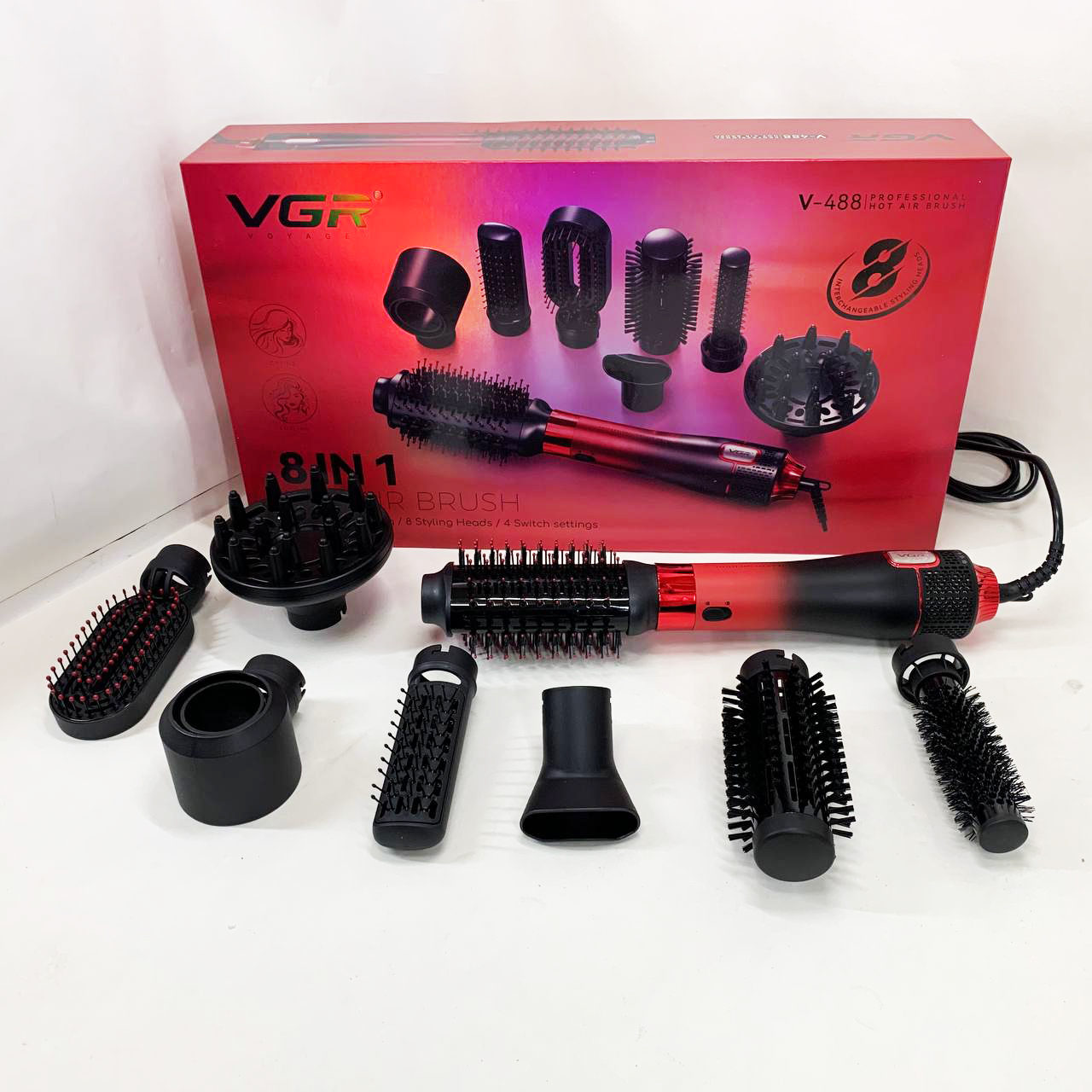 Фен-щетка стайлер VGR 8 в 1 V-488. Цвет: красный