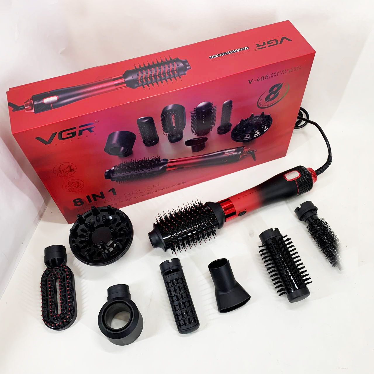 Фен-щетка стайлер VGR 8 в 1 V-488. Цвет: красный