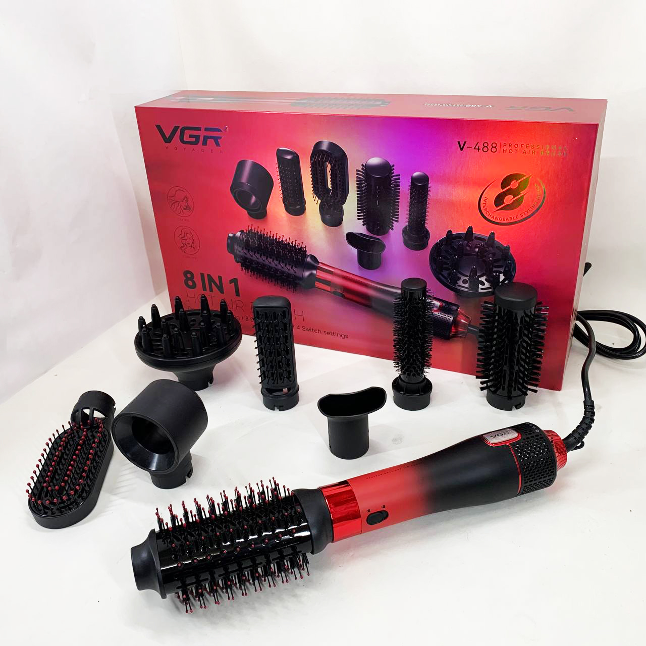Фен-щетка стайлер VGR 8 в 1 V-488. Цвет: красный