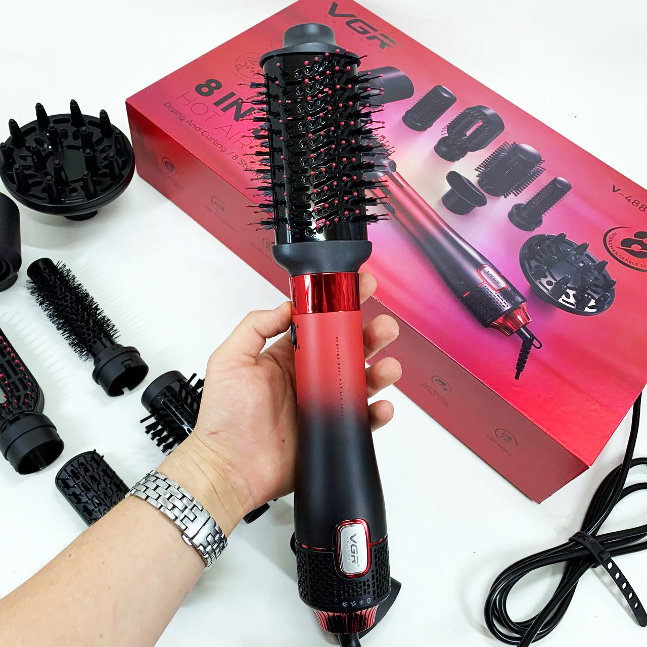 Фен-щетка стайлер VGR 8 в 1 V-488. Цвет: красный