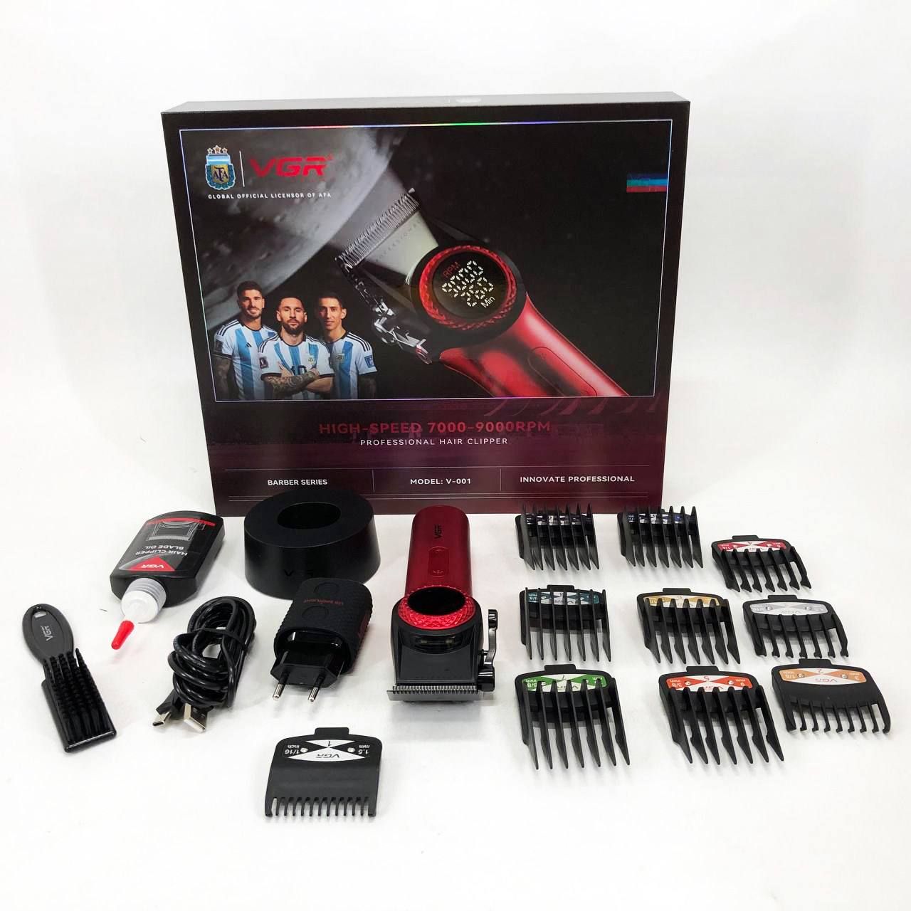 Профессиональная машинка для стрижки волос VGR V-001 RED с дисплеем 9000 об и 10 насадками (1,5-24 мм)