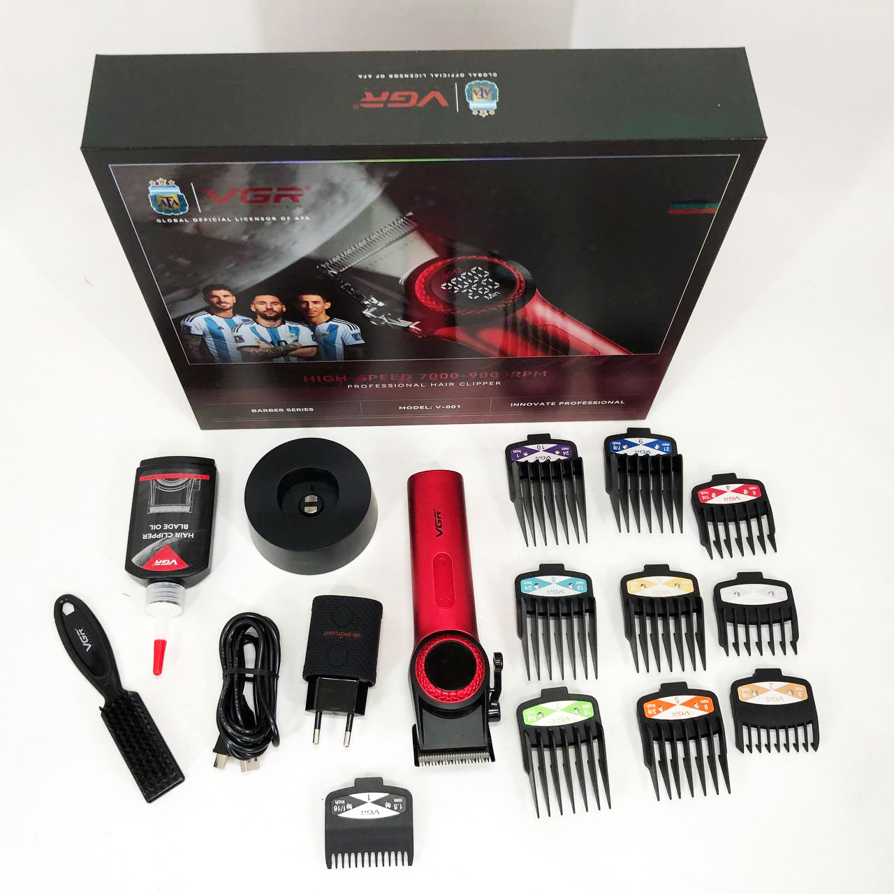 Профессиональная машинка для стрижки волос VGR V-001 RED с дисплеем 9000 об и 10 насадками (1,5-24 мм)