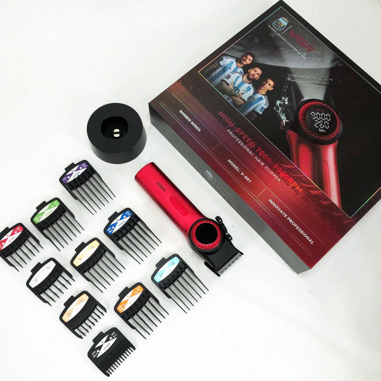 Профессиональная машинка для стрижки волос VGR V-001 RED с дисплеем 9000 об и 10 насадками (1,5-24 мм)
