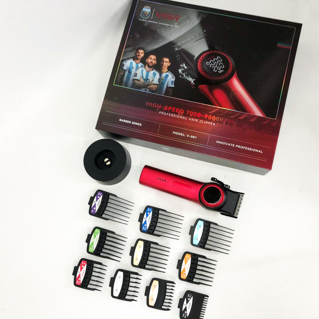 Профессиональная машинка для стрижки волос VGR V-001 RED с дисплеем 9000 об и 10 насадками (1,5-24 мм)