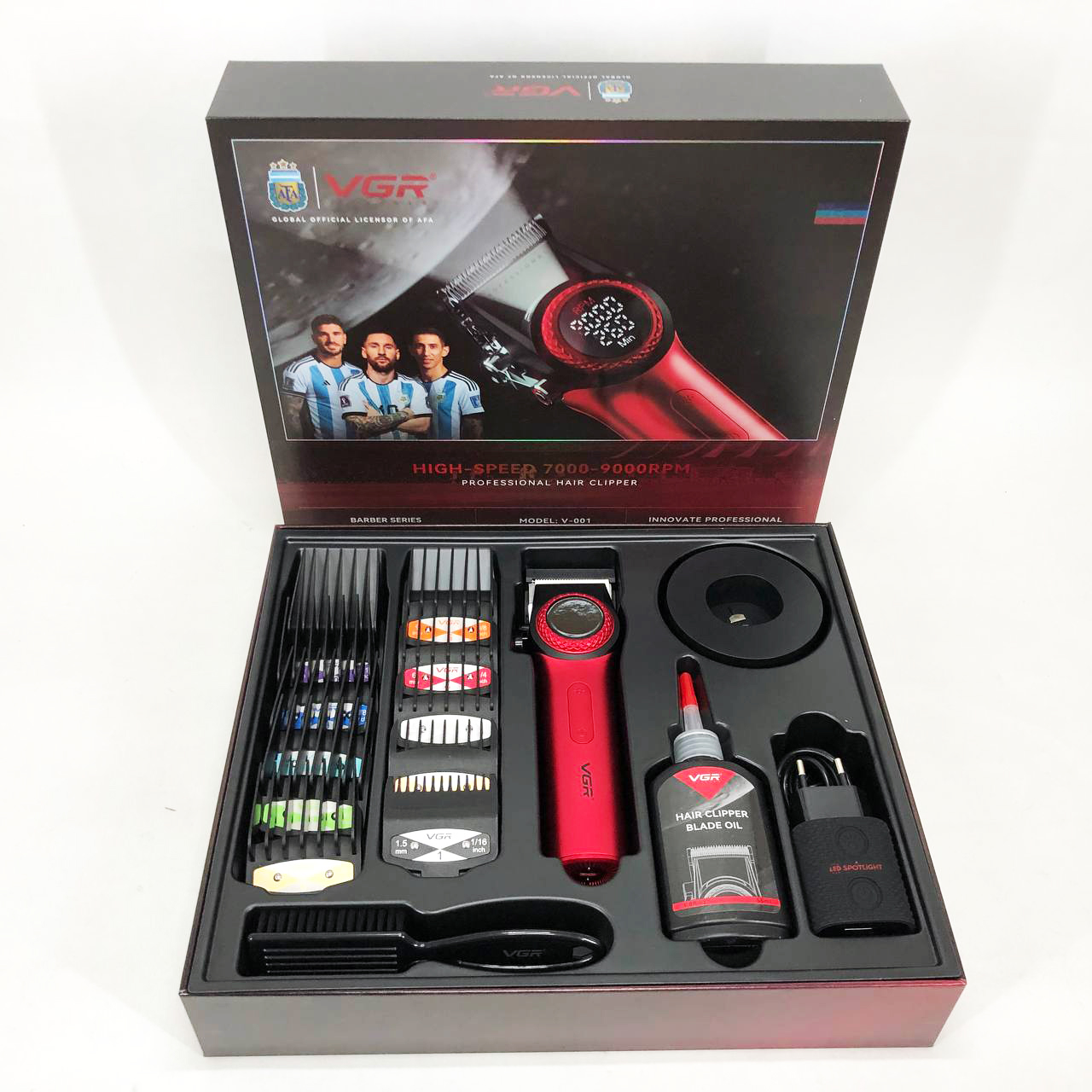 Профессиональная машинка для стрижки волос VGR V-001 RED с дисплеем 9000 об и 10 насадками (1,5-24 мм)