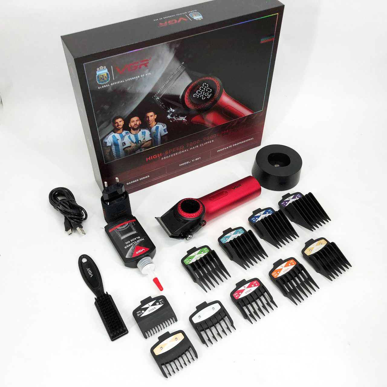 Профессиональная машинка для стрижки волос VGR V-001 RED с дисплеем 9000 об и 10 насадками (1,5-24 мм)