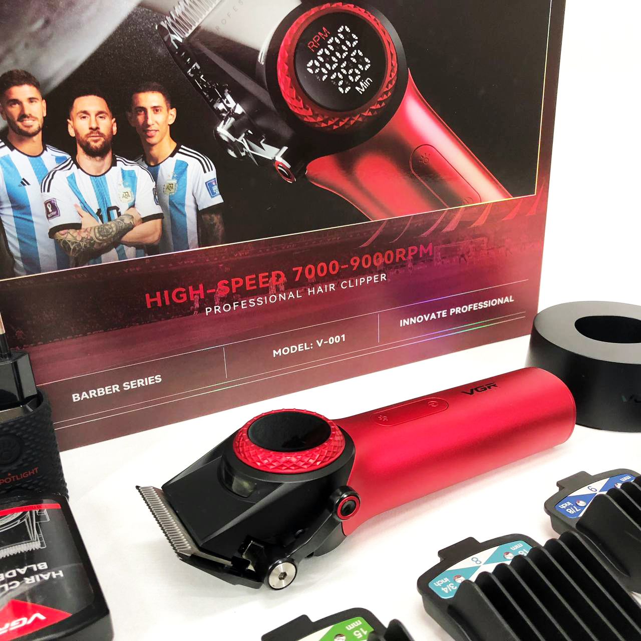 Профессиональная машинка для стрижки волос VGR V-001 RED с дисплеем 9000 об и 10 насадками (1,5-24 мм)