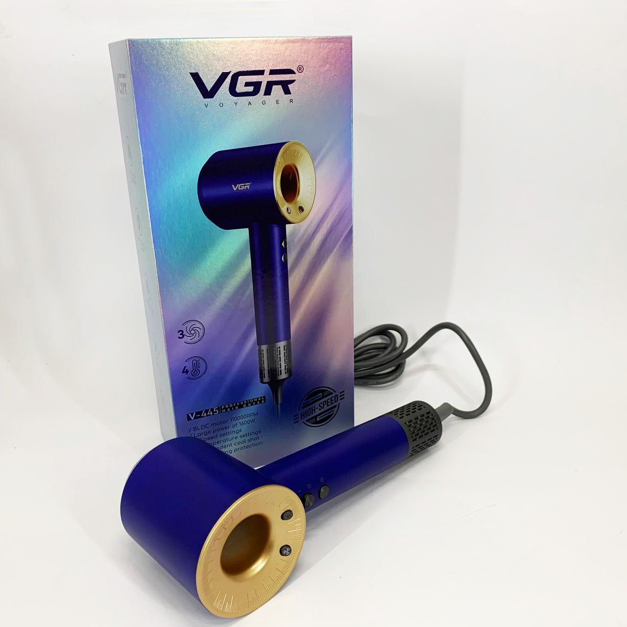 Фен профессиональный VGR V-445 BLUE, 3 уровня обдува, 4 уровня температуры, 1600 Вт