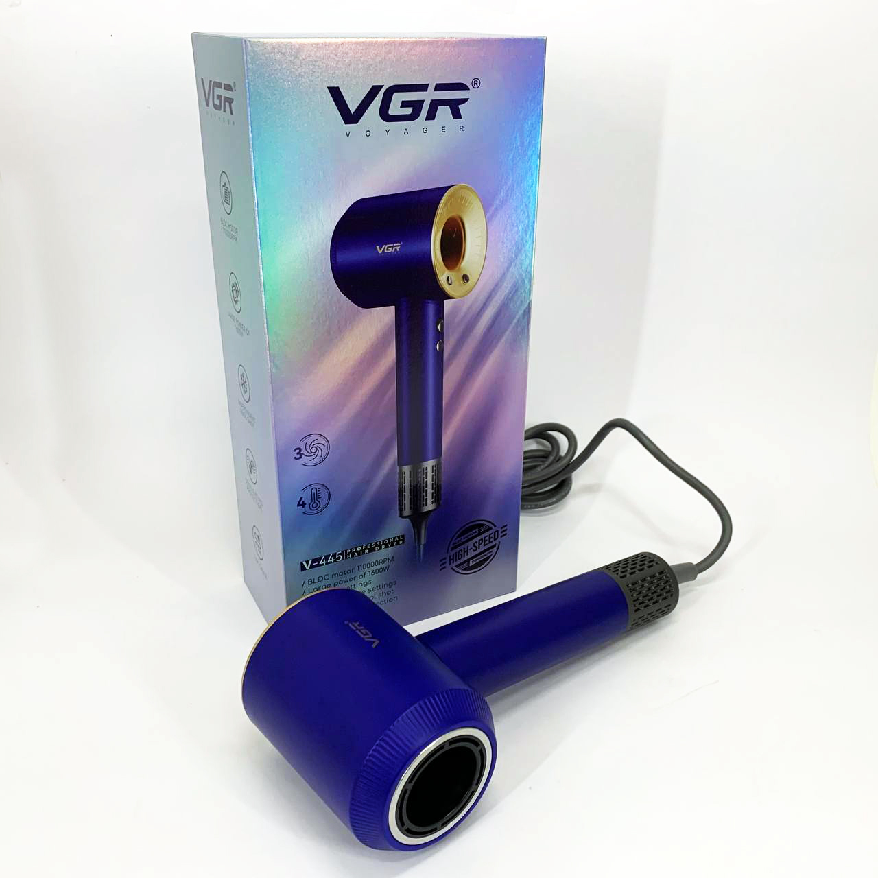 Фен профессиональный VGR V-445 BLUE, 3 уровня обдува, 4 уровня температуры, 1600 Вт