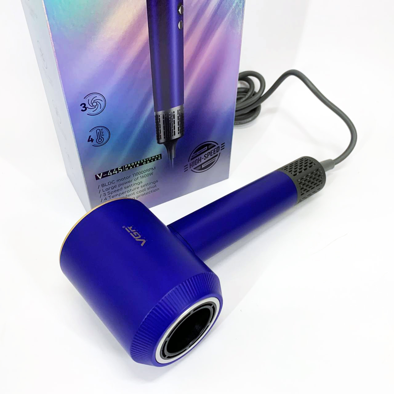 Фен профессиональный VGR V-445 BLUE, 3 уровня обдува, 4 уровня температуры, 1600 Вт