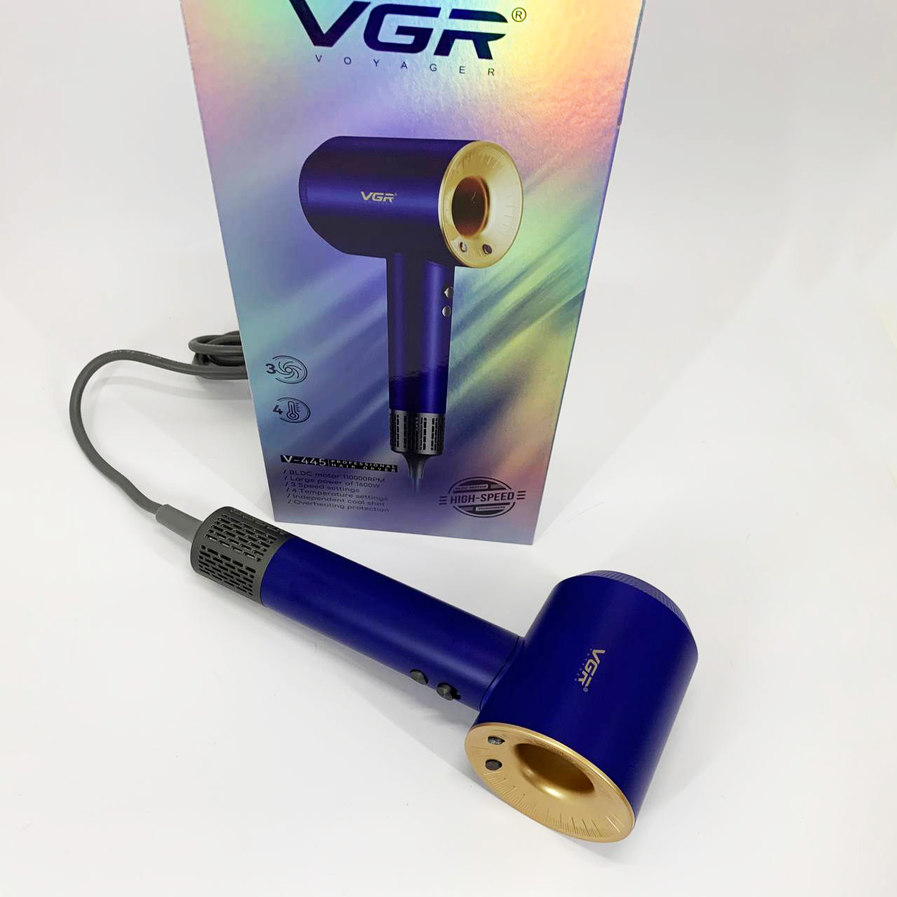Фен профессиональный VGR V-445 BLUE, 3 уровня обдува, 4 уровня температуры, 1600 Вт