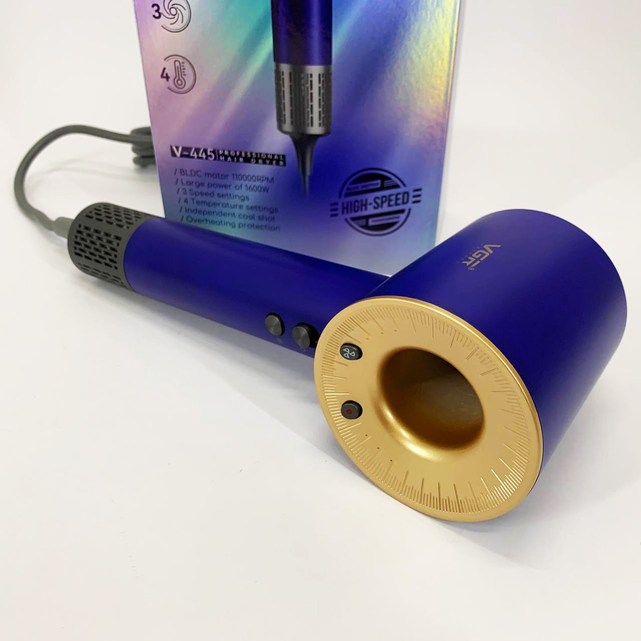 Фен профессиональный VGR V-445 BLUE, 3 уровня обдува, 4 уровня температуры, 1600 Вт