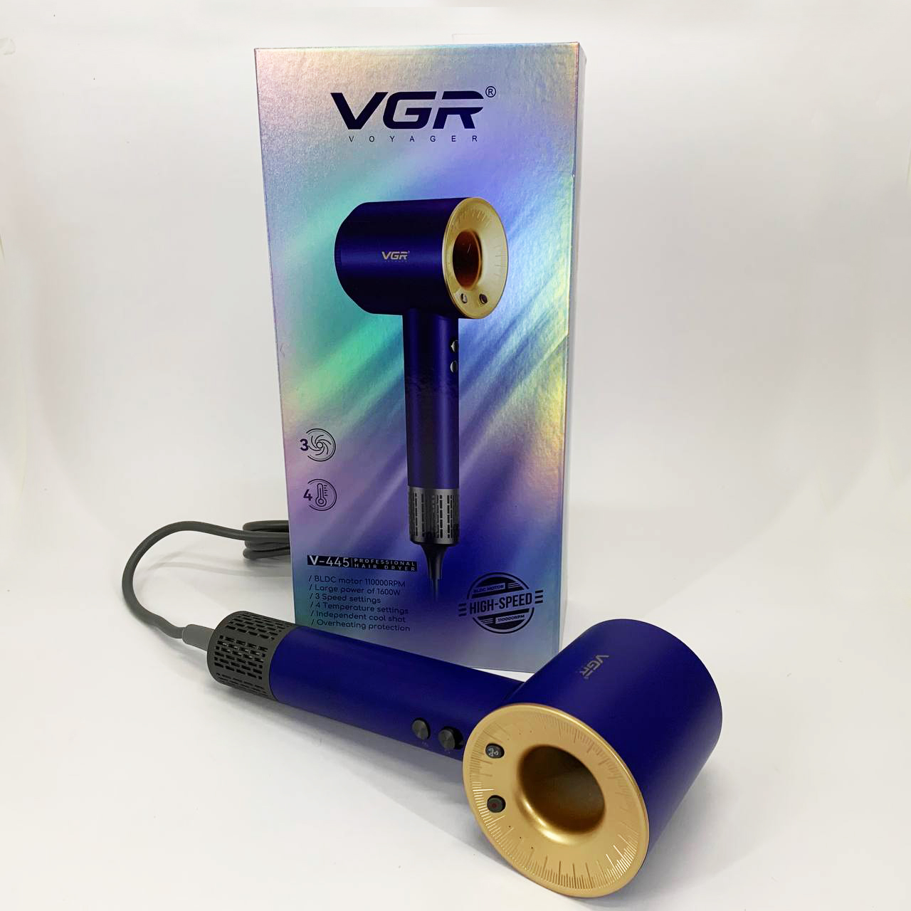 Фен профессиональный VGR V-445 BLUE, 3 уровня обдува, 4 уровня температуры, 1600 Вт