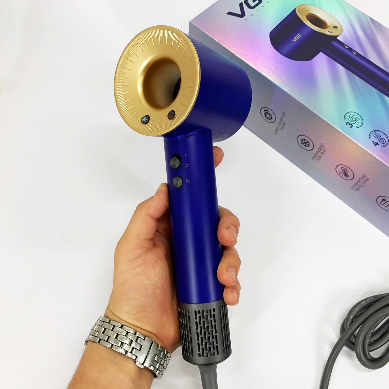 Фен профессиональный VGR V-445 BLUE, 3 уровня обдува, 4 уровня температуры, 1600 Вт