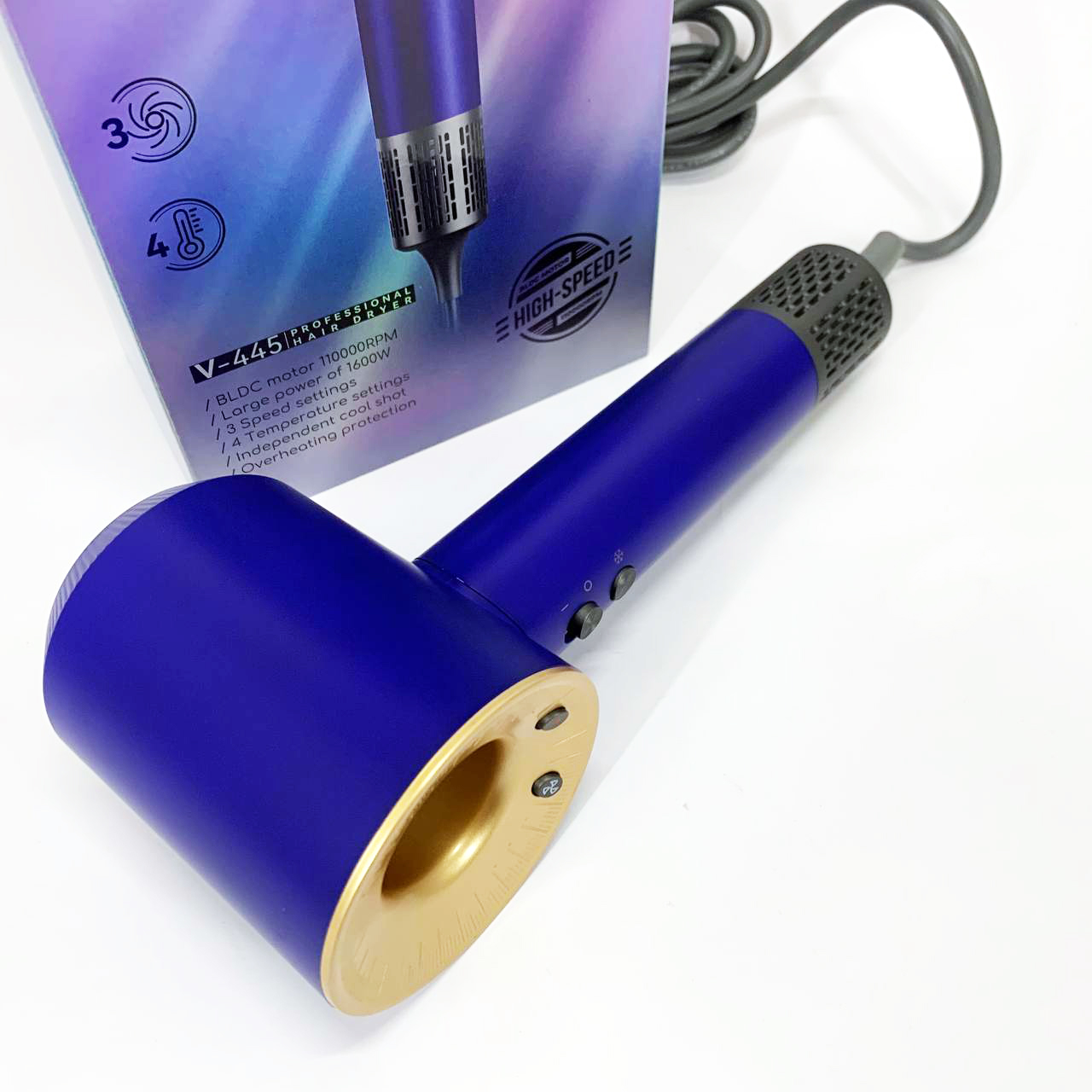 Фен профессиональный VGR V-445 BLUE, 3 уровня обдува, 4 уровня температуры, 1600 Вт