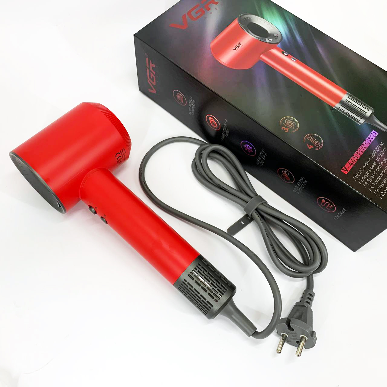 Фен профессиональный VGR V-445 RED, 3 уровня обдува, 4 уровня температуры, 1600 Вт