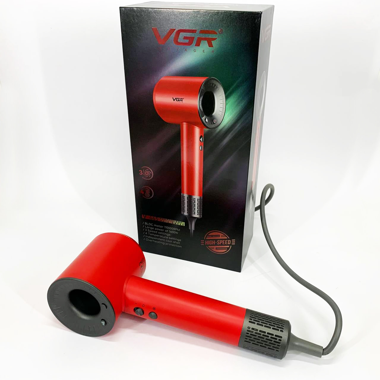 Фен профессиональный VGR V-445 RED, 3 уровня обдува, 4 уровня температуры, 1600 Вт
