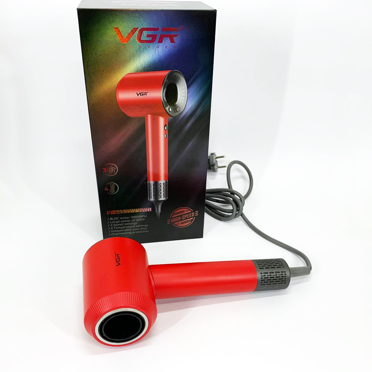 Фен профессиональный VGR V-445 RED, 3 уровня обдува, 4 уровня температуры, 1600 Вт