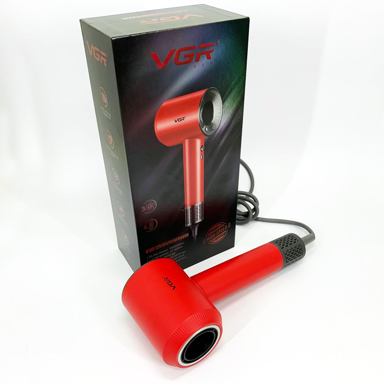 Фен профессиональный VGR V-445 RED, 3 уровня обдува, 4 уровня температуры, 1600 Вт