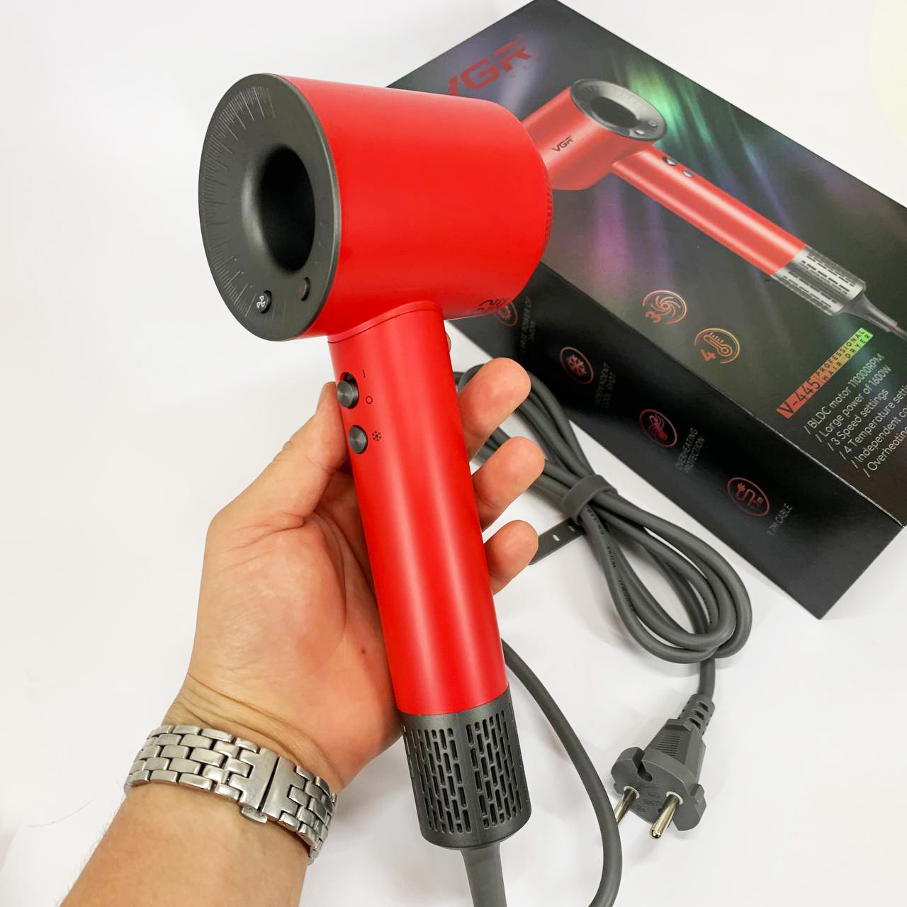 Фен профессиональный VGR V-445 RED, 3 уровня обдува, 4 уровня температуры, 1600 Вт