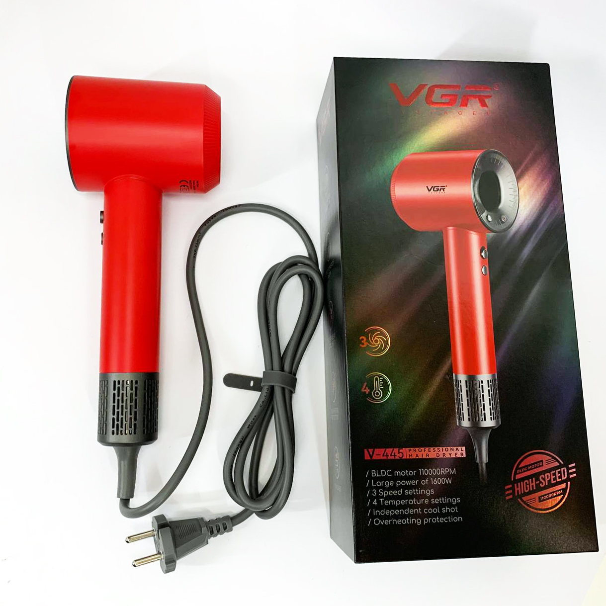 Фен профессиональный VGR V-445 RED, 3 уровня обдува, 4 уровня температуры, 1600 Вт