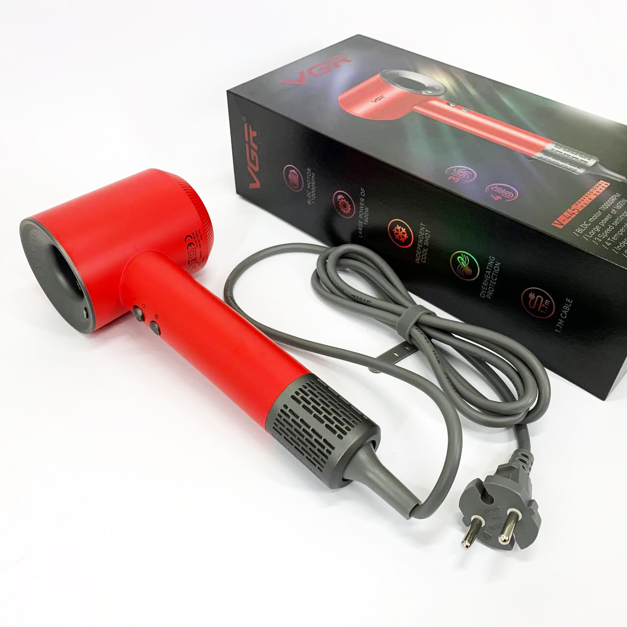 Фен профессиональный VGR V-445 RED, 3 уровня обдува, 4 уровня температуры, 1600 Вт