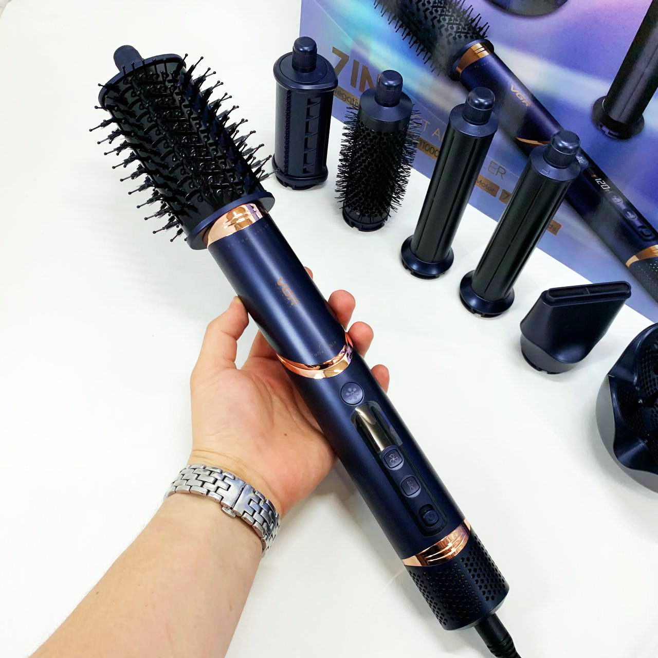 Фен-стайлер для волос 7в1 VGR V-477DARK Blue Professional 1400 Вт 7 насадок