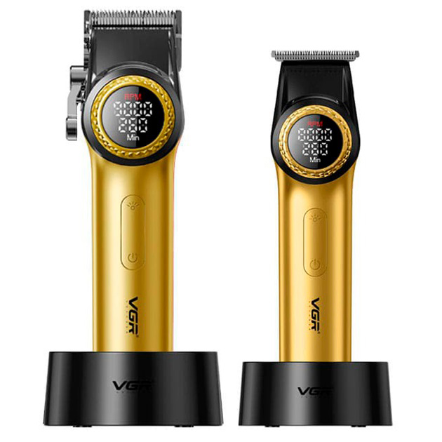 Набор VGR 2 в 1 V-001 V-977 GOLD, аккумуляторная машинка для стрижки и триммер. Цвет: золотой
