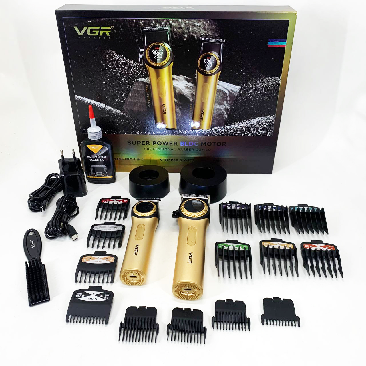 Набор VGR 2 в 1 V-001 V-977 GOLD, аккумуляторная машинка для стрижки и триммер. Цвет: золотой