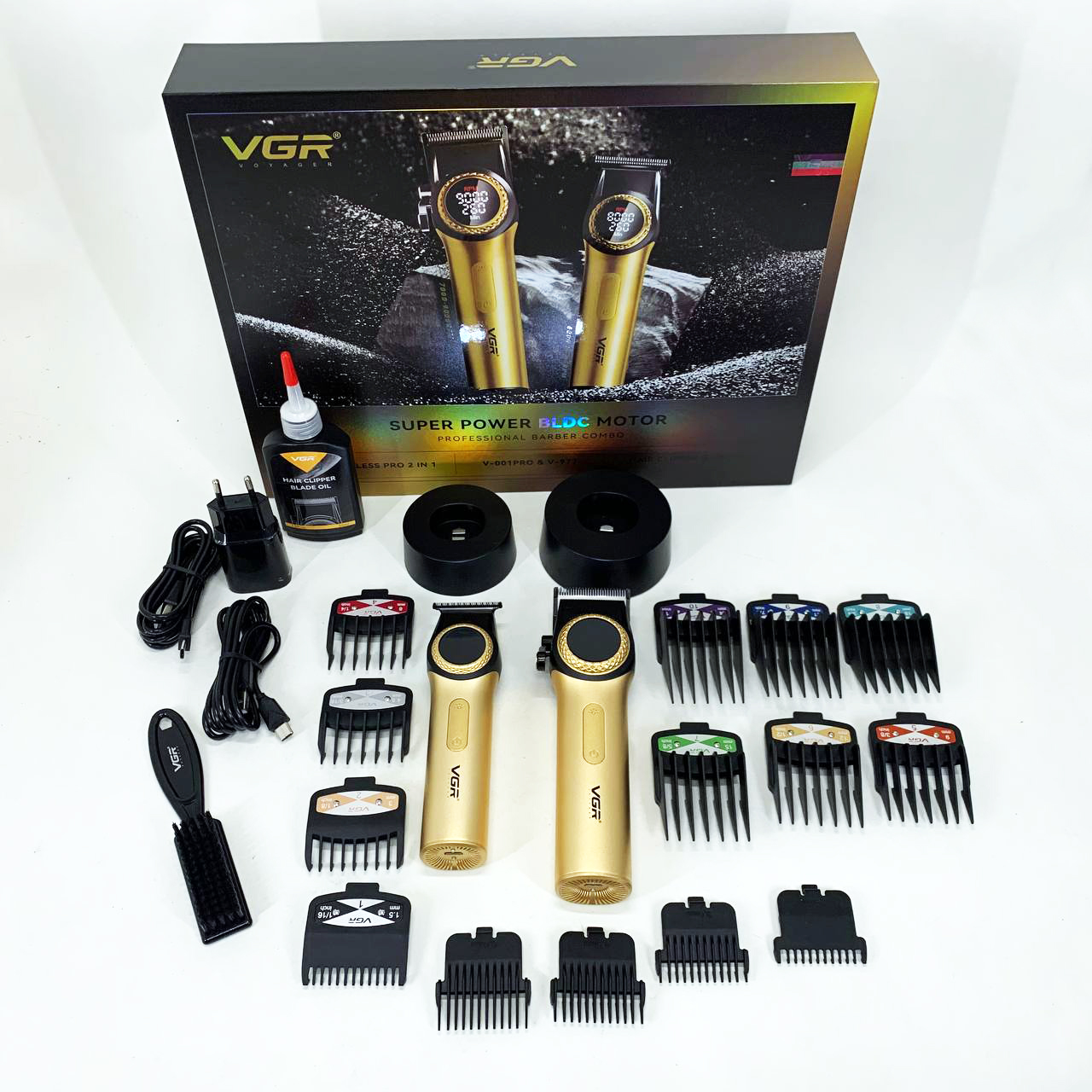 Набор VGR 2 в 1 V-001 V-977 GOLD, аккумуляторная машинка для стрижки и триммер. Цвет: золотой