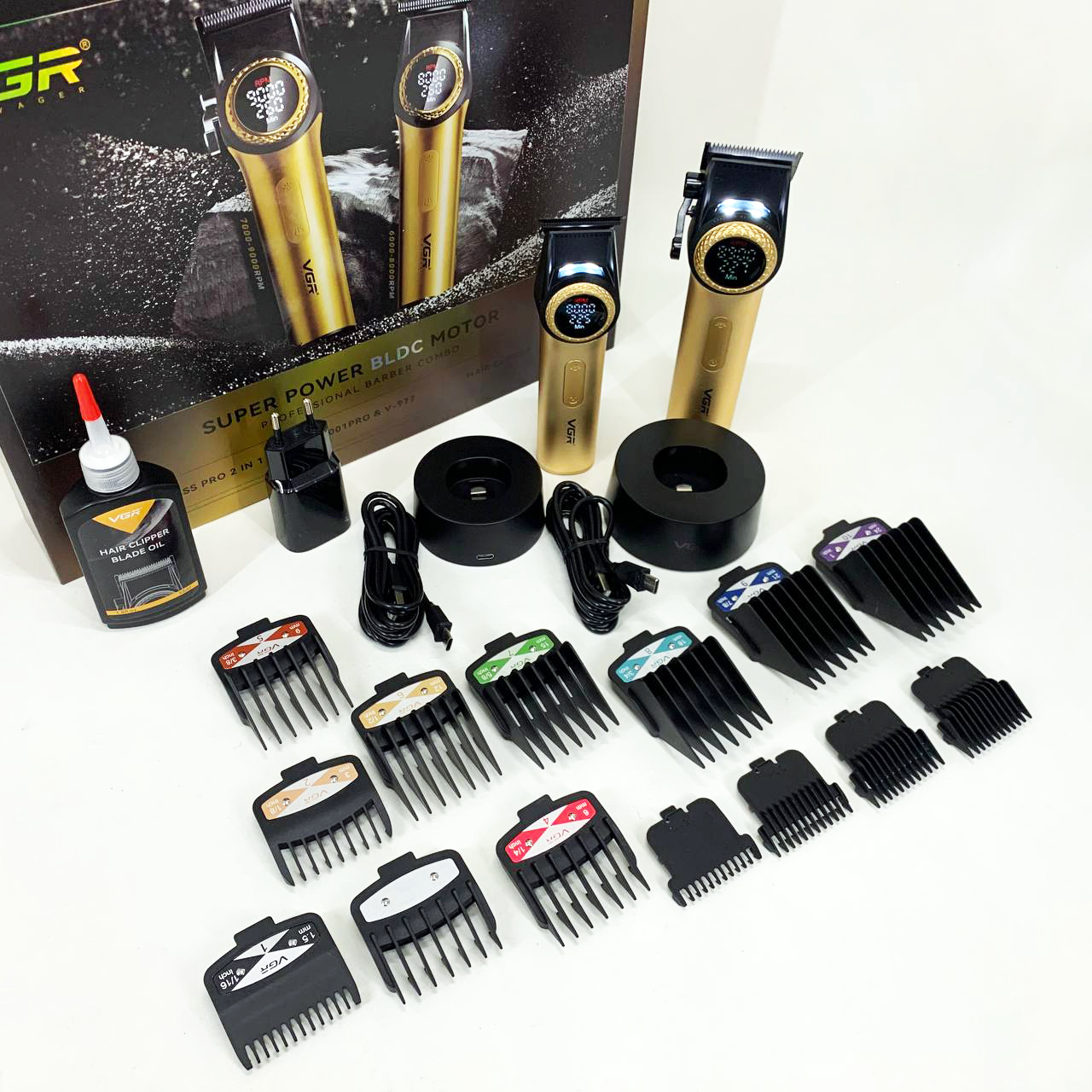Набор VGR 2 в 1 V-001 V-977 GOLD, аккумуляторная машинка для стрижки и триммер. Цвет: золотой