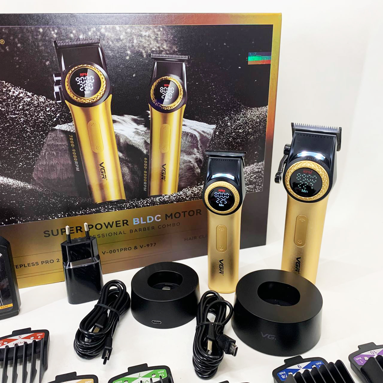 Набор VGR 2 в 1 V-001 V-977 GOLD, аккумуляторная машинка для стрижки и триммер. Цвет: золотой