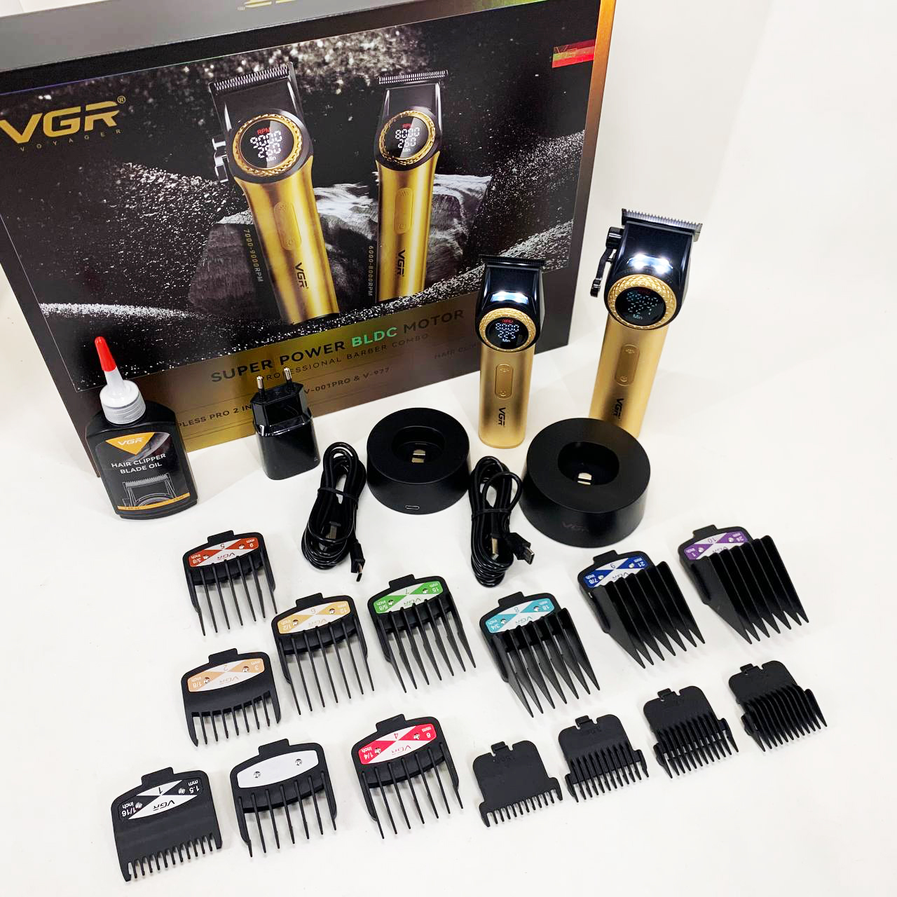 Набор VGR 2 в 1 V-001 V-977 GOLD, аккумуляторная машинка для стрижки и триммер. Цвет: золотой