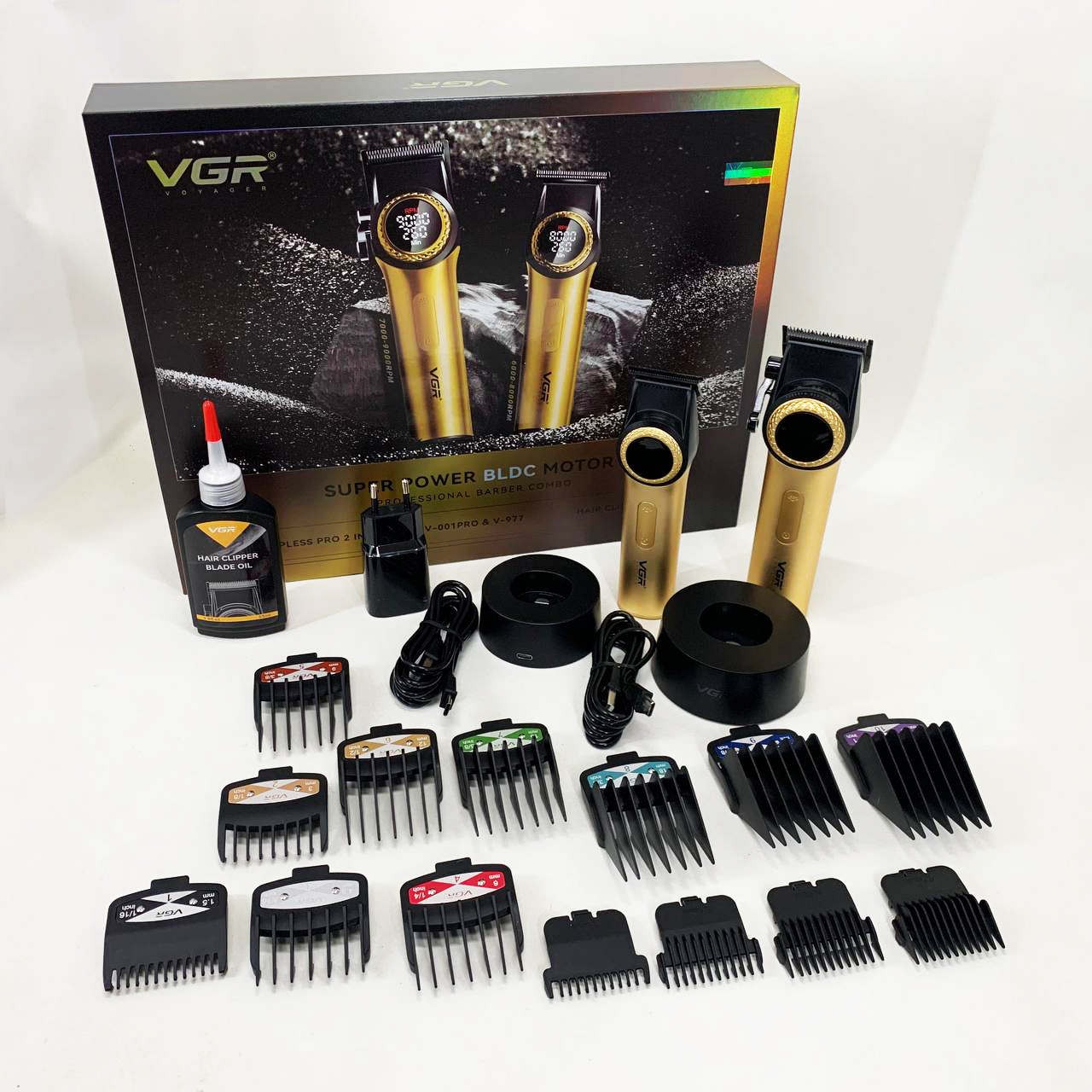 Набор VGR 2 в 1 V-001 V-977 GOLD, аккумуляторная машинка для стрижки и триммер. Цвет: золотой