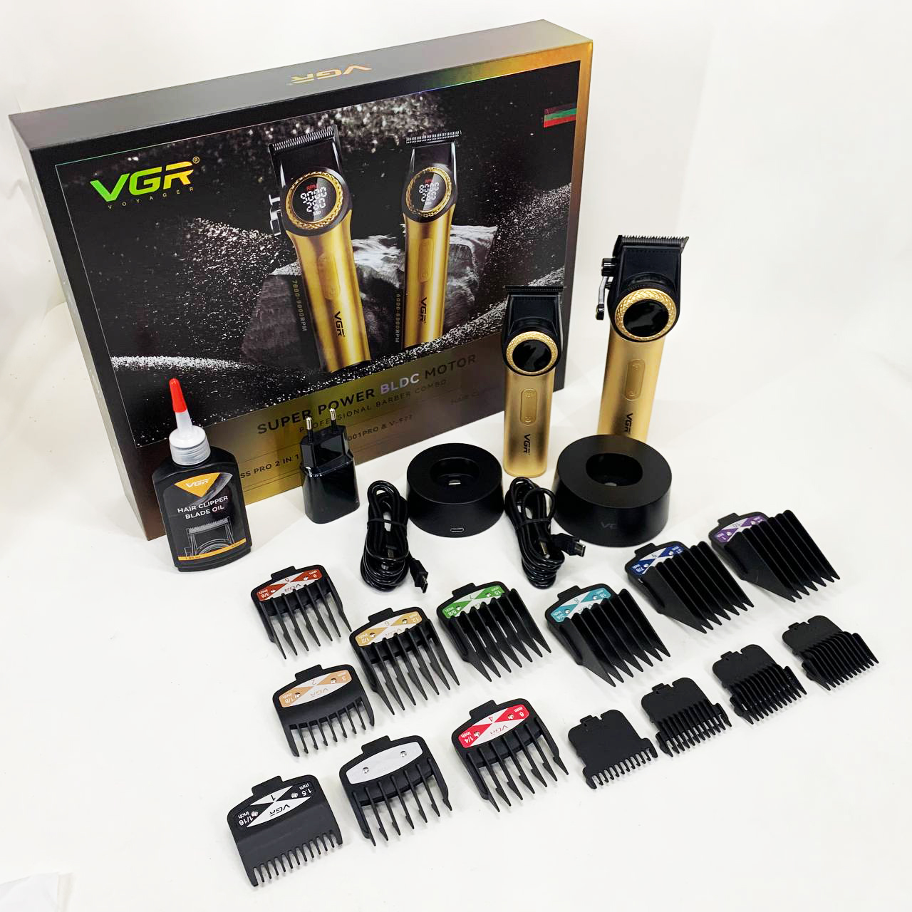 Набор VGR 2 в 1 V-001 V-977 GOLD, аккумуляторная машинка для стрижки и триммер. Цвет: золотой