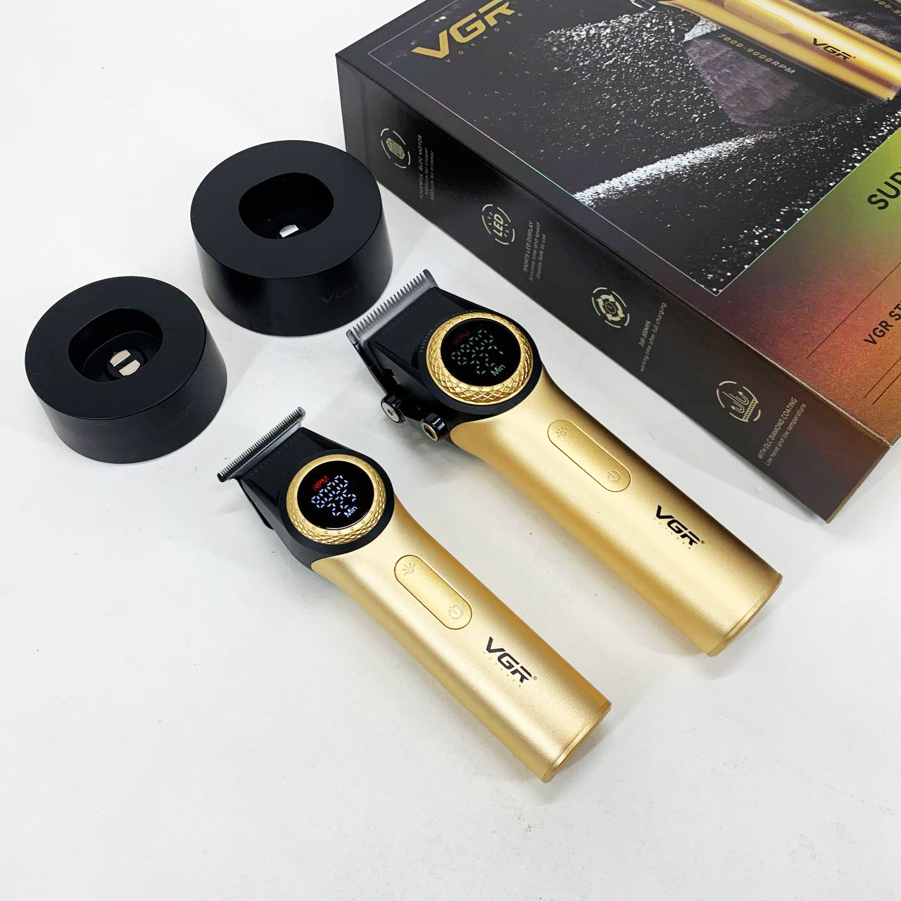 Набор VGR 2 в 1 V-001 V-977 GOLD, аккумуляторная машинка для стрижки и триммер. Цвет: золотой