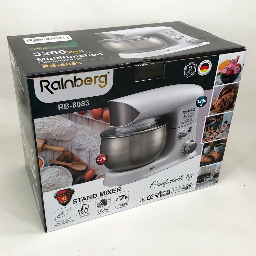 Электрический планетарный миксер тестомес Rainberg RB-8083 3200 Вт с насадками. Цвет: белый