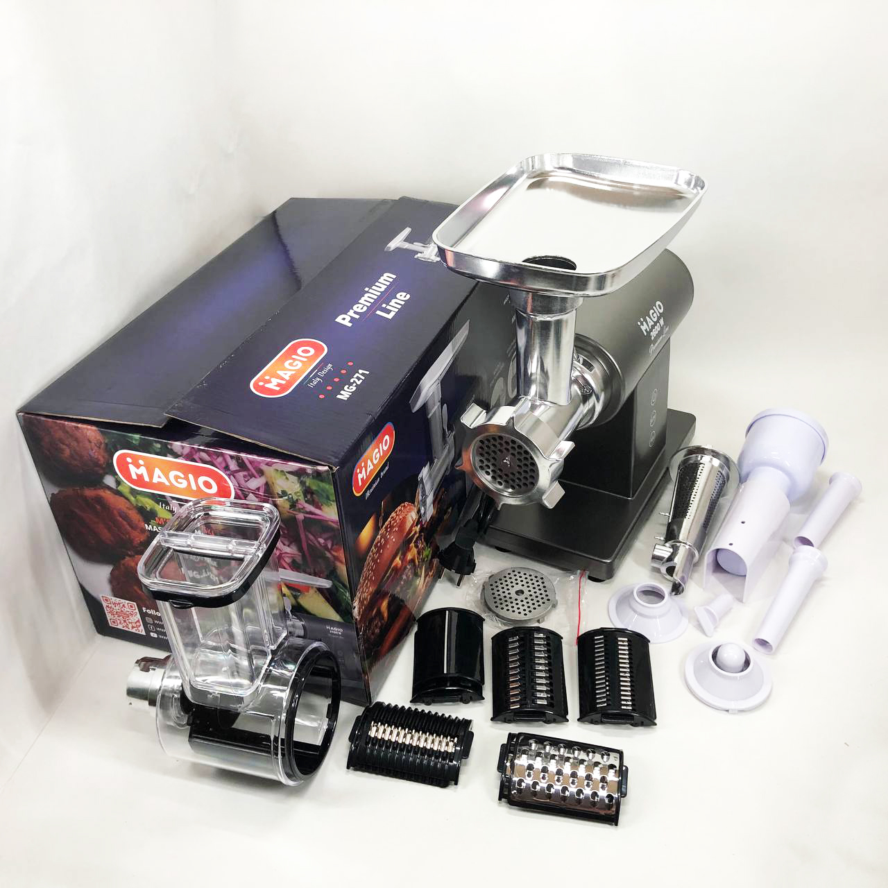 Мясорубка MAGIO MG-271 Premium Line, Электрическая мясорубка с насадками, Электромясорубка для шинковки