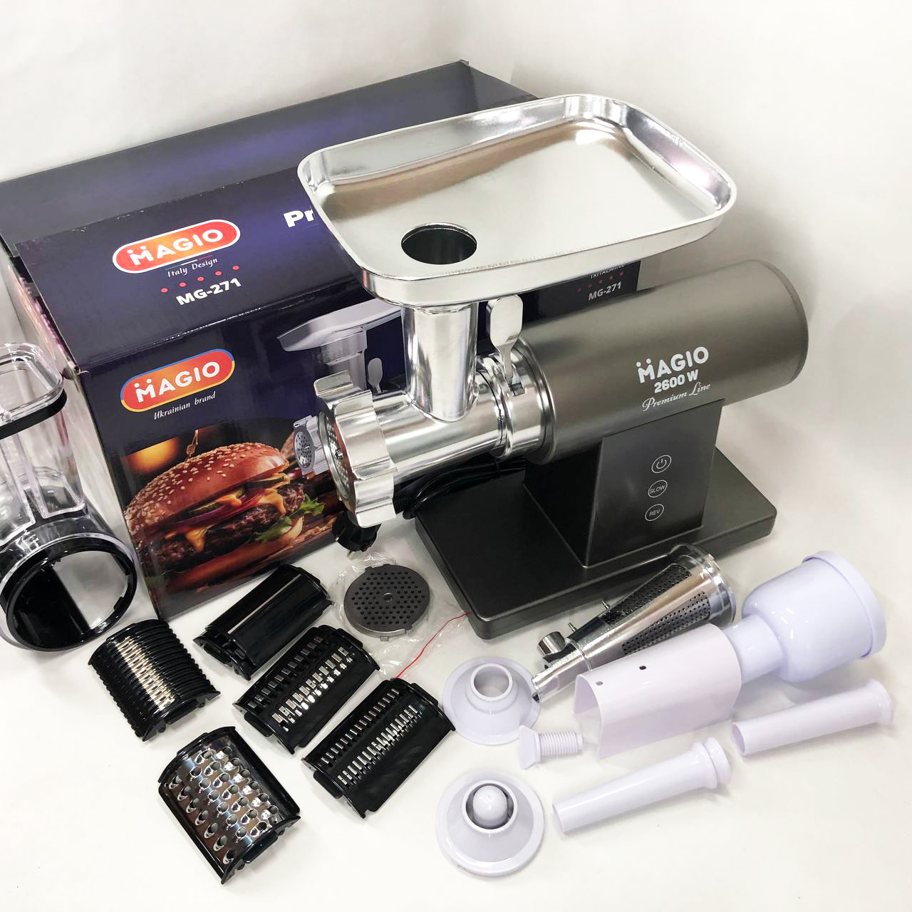 Мясорубка MAGIO MG-271 Premium Line, Электрическая мясорубка с насадками, Электромясорубка для шинковки