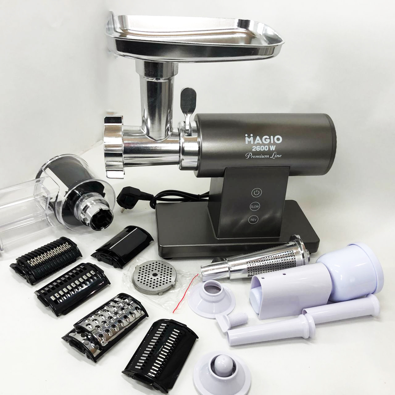 Мясорубка MAGIO MG-271 Premium Line, Электрическая мясорубка с насадками, Электромясорубка для шинковки