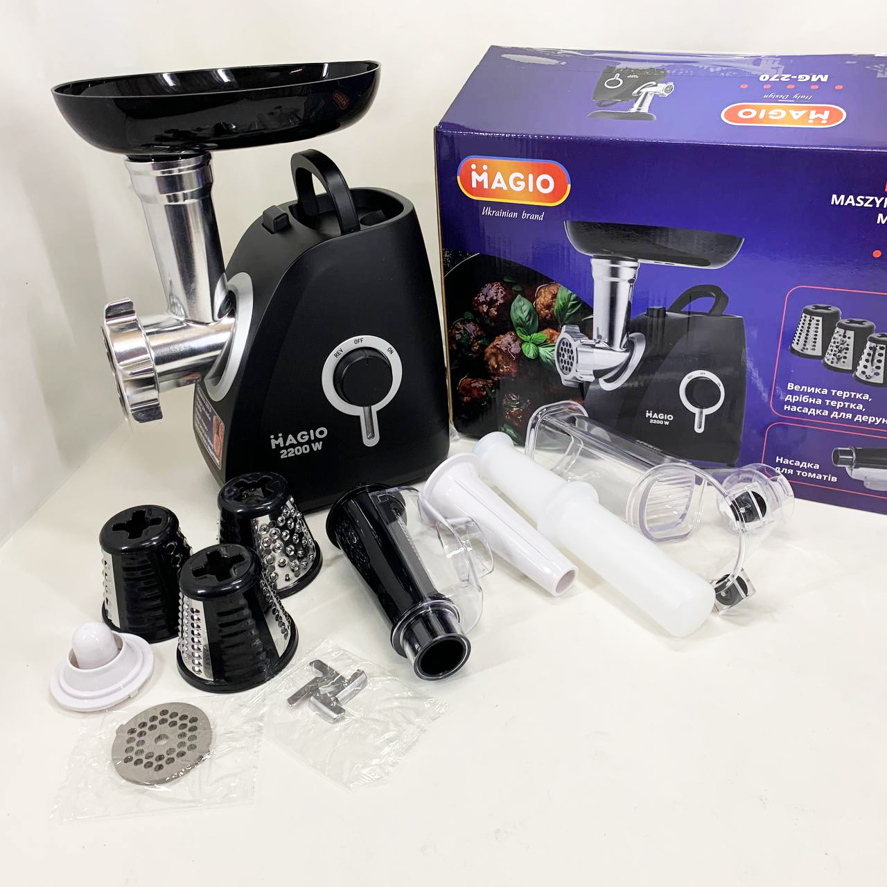Мясорубка MAGIO MG-270 2200 Вт Мясорубка с насадками для нарезки овощей, Мясорубка электрическая для мяса