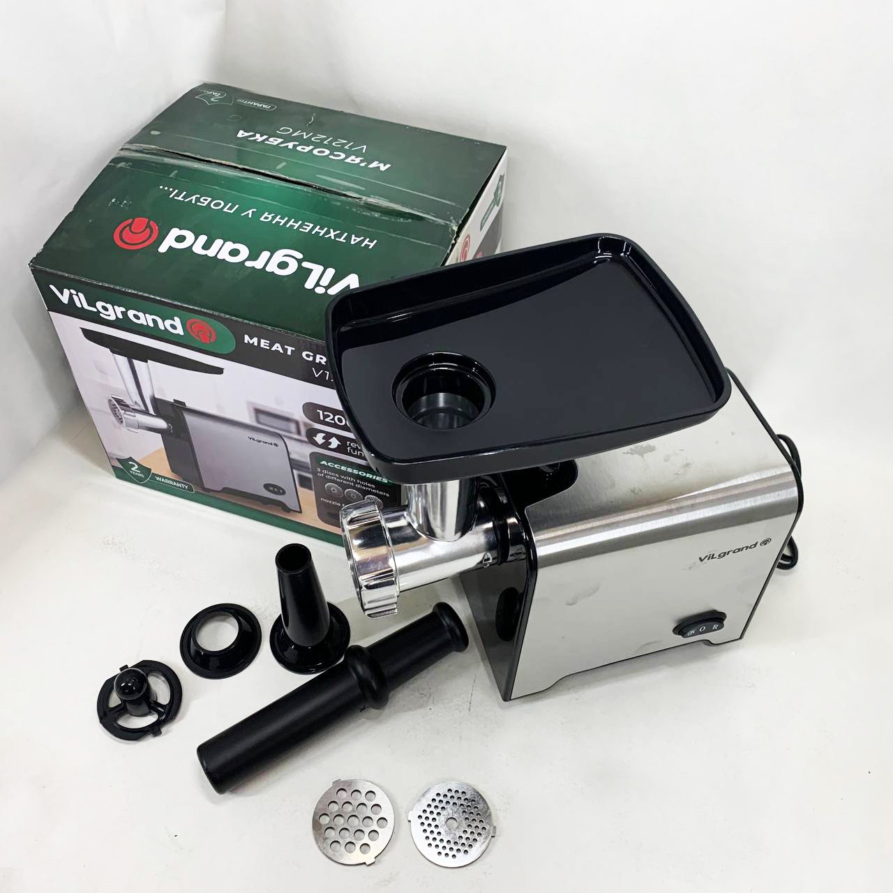 Мясорубка электрическая с нержавейки VILGRAND V1212MG стальная 1200 Вт