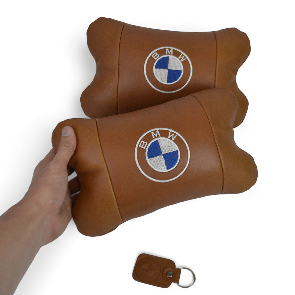 Комплект автоподушек 2шт из натуральной коричневой кожи для BMW. Ортопедическая подушка в авто БМВ