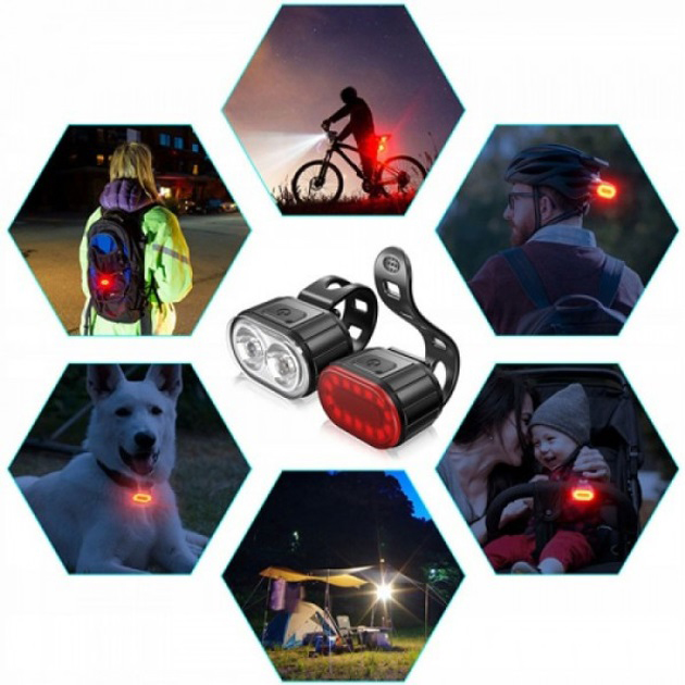 Велофонарь аккумуляторный передний и задний ZH-078-2LED фонарь + STOP-14SMD, Стоп-сигнал на заднюю раму