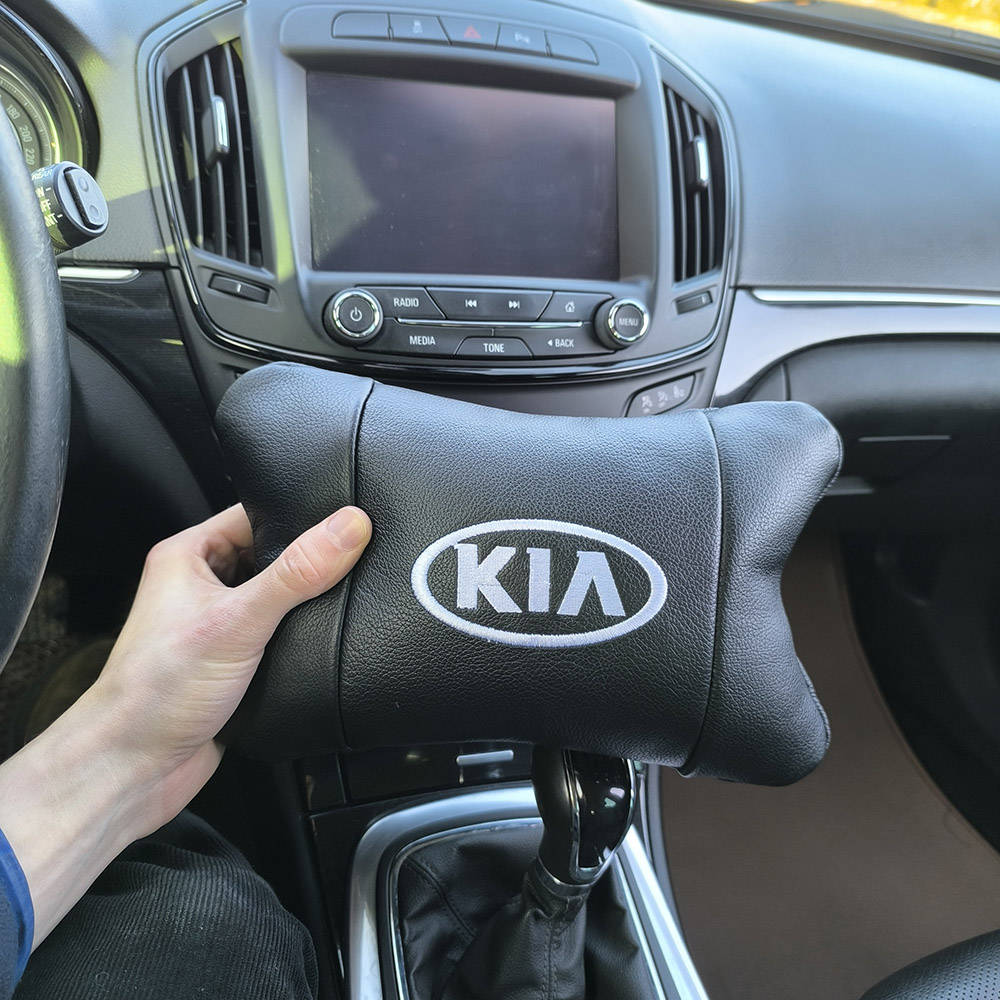 Автодушки 2 шт на подголовник Kia/Киа, натуральная кожа, черные, Подголовник для авто с комфортом