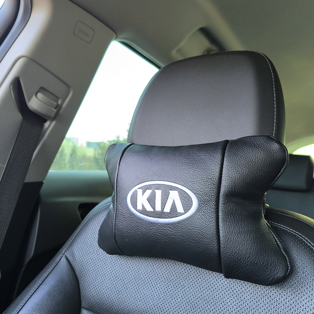 Автодушки 2 шт на подголовник Kia/Киа, натуральная кожа, черные, Подголовник для авто с комфортом