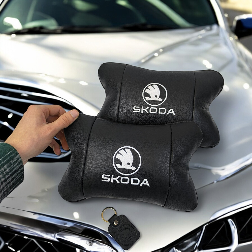 Автомобильные подушки 2 шт на подголовник Skoda / Вред, из натуральной кожи, стильный аксессуар для вашего авто