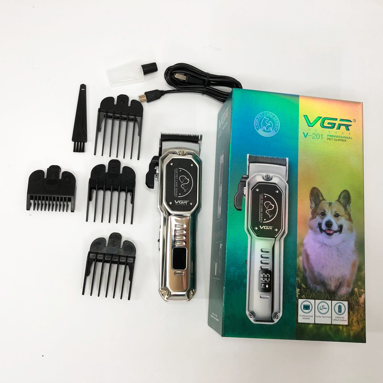 Аккумуляторная машинка для стрижки животных VGR V-201 4 насадки
