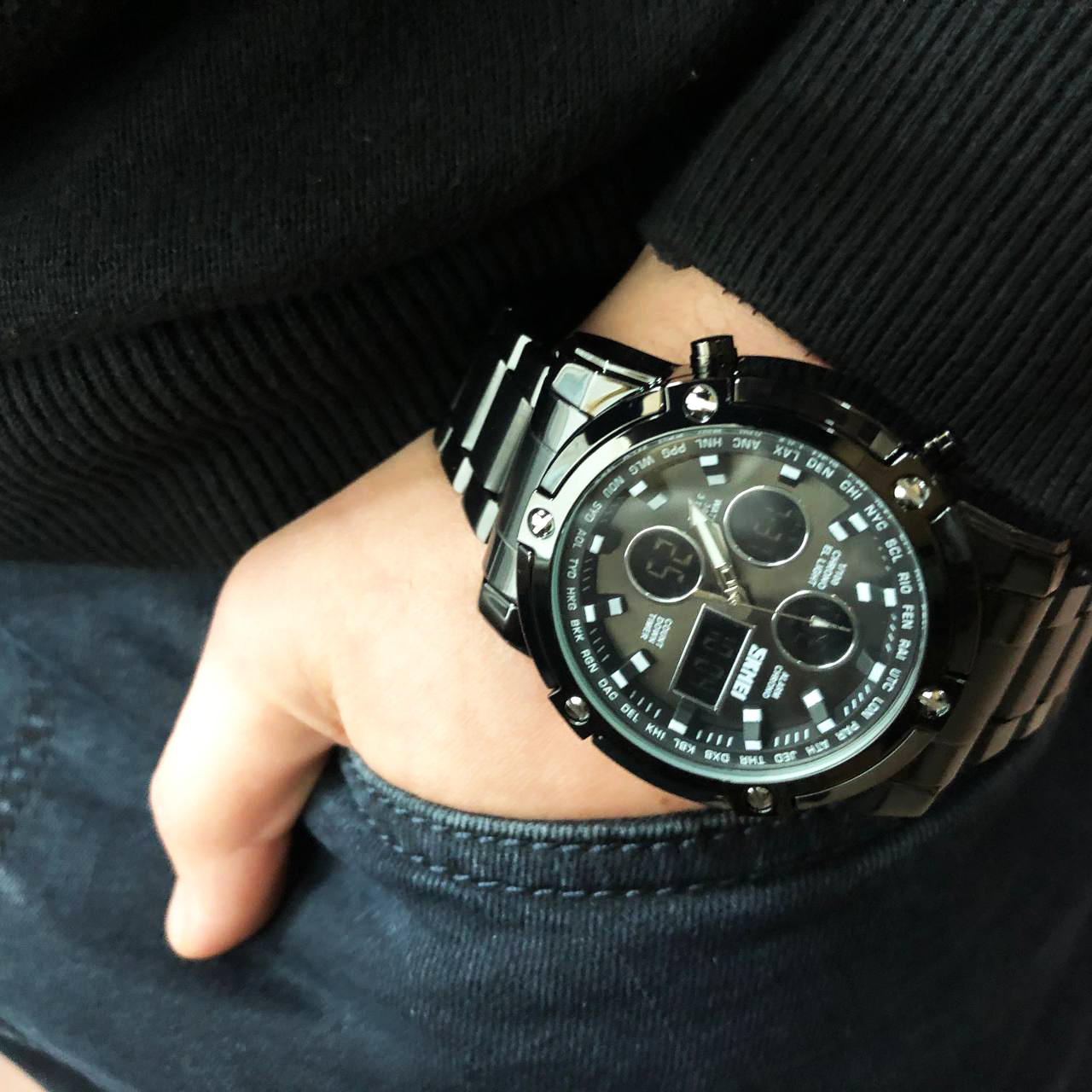 Часы наручные мужские SKMEI 1389BK BLACK, водонепроницаемые мужские часы. Цвет: черный